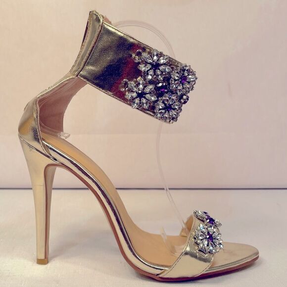 Elegant Gold Rhinestone Embellished Women's Heels Size 37 EUC - Picture 3 of 7